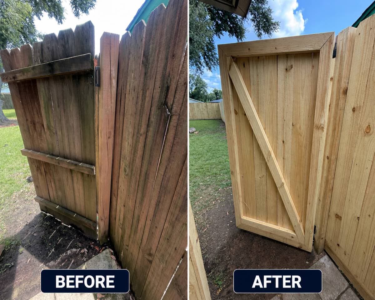 Custom privacy gate — before and after — Fence installation and repair contractor in Monroe Louisiana