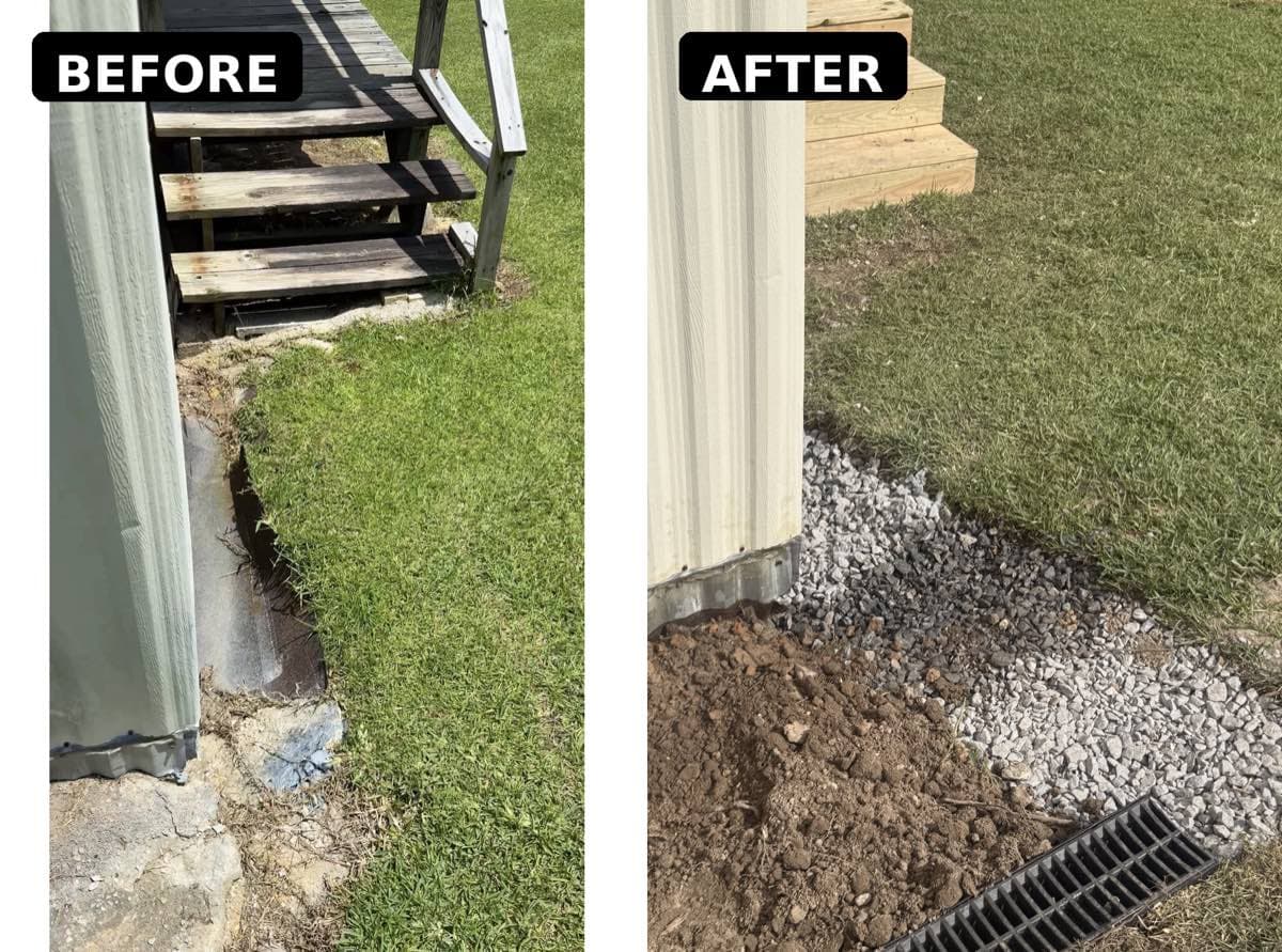 Residential drainage correction — before and after — Exterior home repair contractor in Monroe Louisiana