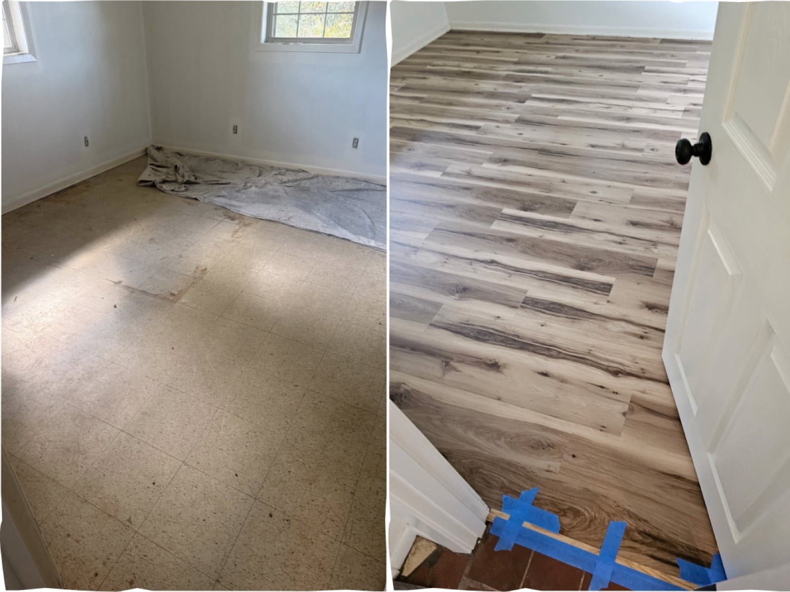 Residential flooring renovation — worn tile replaced with wood-look plank in a West Monroe, LA home