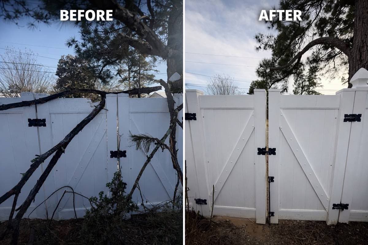 Residential white vinyl fence repair — damaged run replaced. Fence only, no deck. Monroe, LA