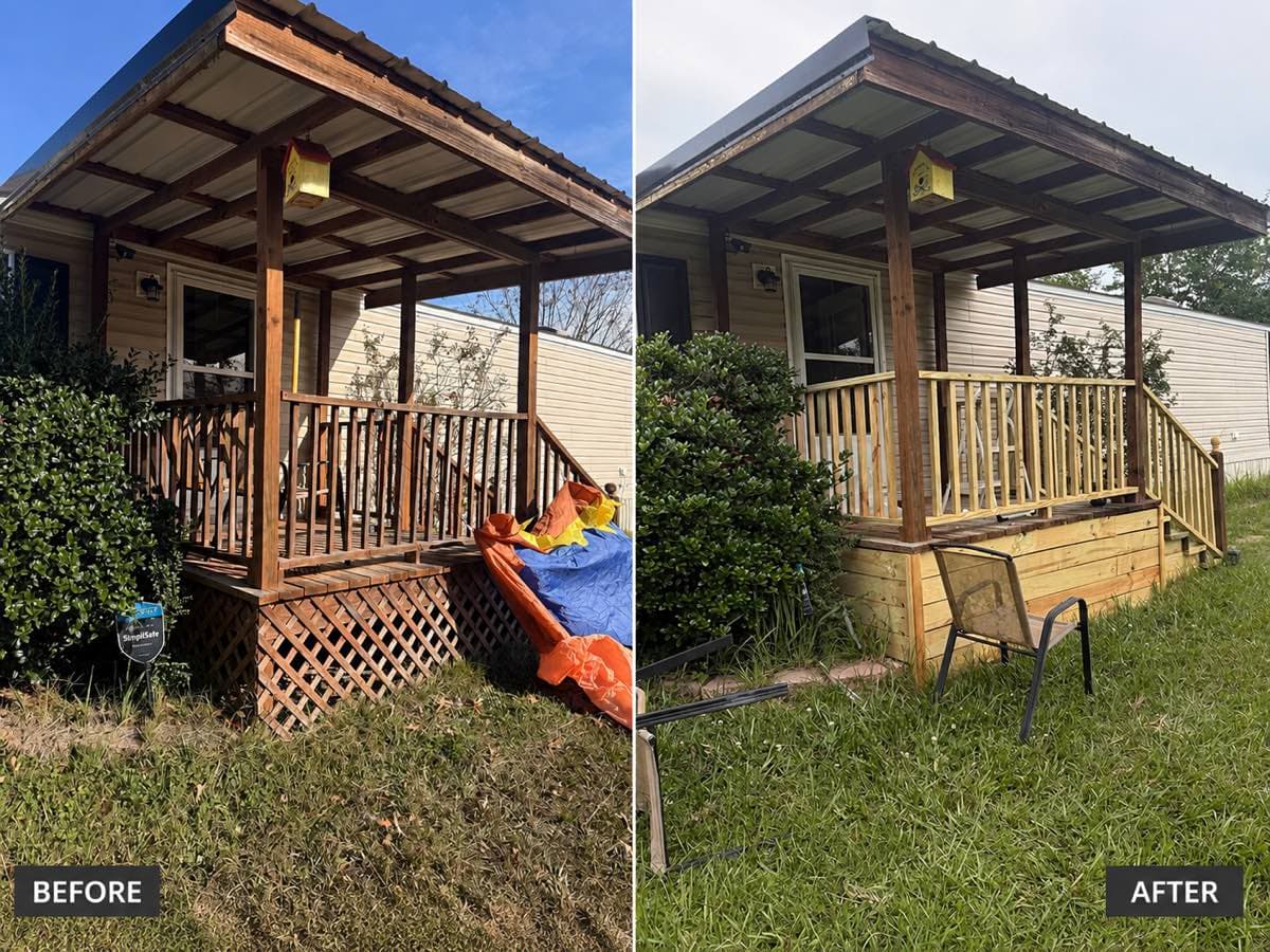 Residential wheelchair ramp and porch steps — Calhoun, LA — Residential wheelchair ramp and steps built beside an existing porch in Calhoun, Louisiana