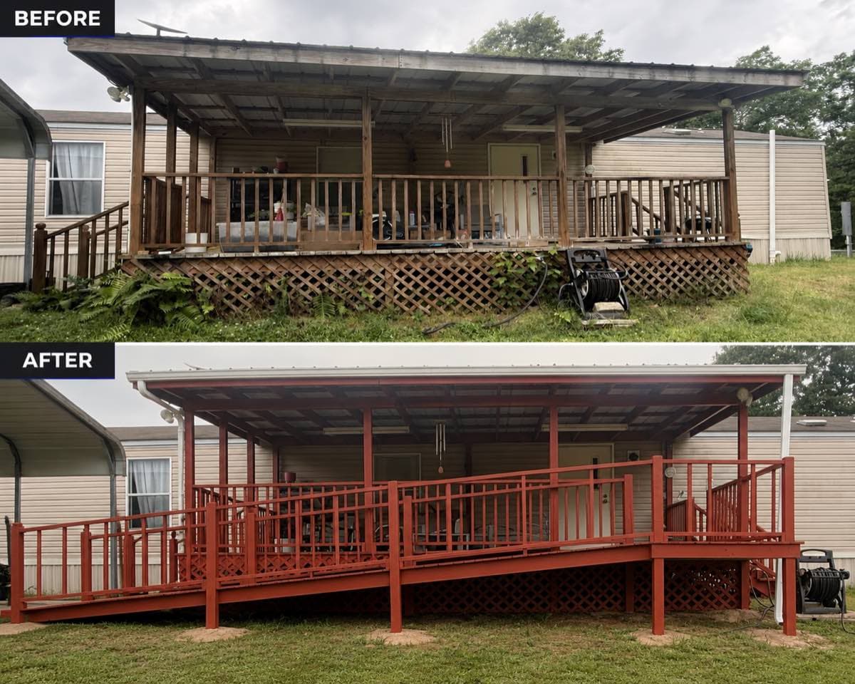 Before and after views of a residential wheelchair ramp and steps built beside an existing porch in Calhoun, LA